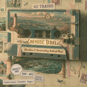 Op de afbeelding: Een cassetteband in vintage-stijl met de tekst "CINEMATIC TRAVEL" en "Adventure & Documentary Ambient Music." De band is versierd met afbeeldingen van een vuurtoren, bergen en een camera. Extra tekst bevat "40 TRACKS," "ROYALTY FREE," en "WAV + MP3."