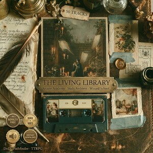 Puede incluir: Una composición artística con una cinta de casete turquesa, una pintura vintage y papel envejecido. El texto "THE LIVING LIBRARY" se muestra en una placa de latón. Texto adicional incluye "Arcane Academy, Study Ambient, Wizard School" y "50 TRACKS".