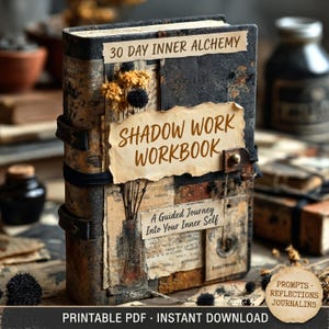 Puede incluir: Un cuaderno de trabajo Shadow Work de estilo vintage con el texto "30 Day Inner Alchemy" y "Shadow Work Workbook". La portada presenta papel envejecido, flores secas y la frase "A Guided Journey Into Your Inner Self."