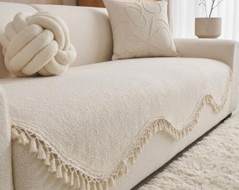 Funda de sofá de chenilla / Protector antideslizante para sofá / Toalla decorativa para muebles con borde de borlas y tejido de sarga