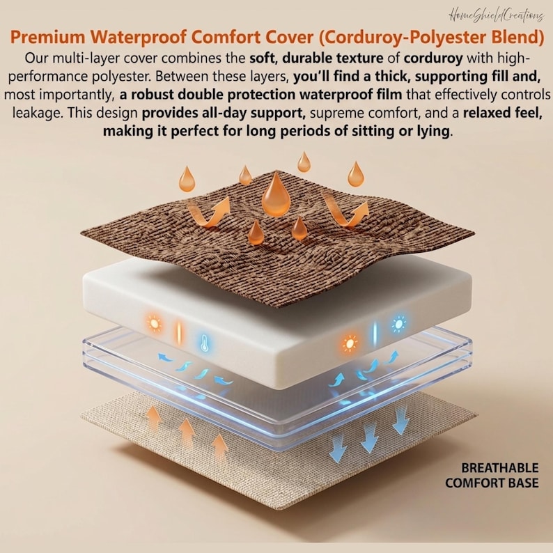 May include: An exploded view of a multi-layer waterproof comfort cover. The layers include a corduroy top, a white foam layer, a clear waterproof film, and a breathable comfort base. The text reads "Premium Waterproof Comfort Cover (Corduroy-Polyester Blend)".