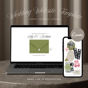May include: A laptop and smartphone showcase a wedding website template. The laptop displays a green envelope design with the names "Lily & Joshua." The smartphone shows design elements, including floral accents and film strip graphics. Text reads "Wedding Website Template."