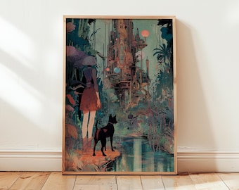May include: Framed art print showing a surreal landscape with a figure and a dog. The artwork depicts a futuristic city with lush vegetation, a body of water, and a red sun. The colour palette includes greens, browns, and oranges.