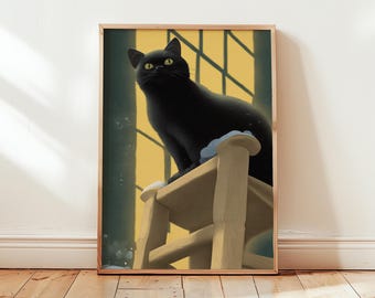 Peut inclure: Impression d'art encadrée représentant un chat noir aux yeux jaunes perché sur une petite chaise en bois. Le chat est placé sur un fond jaune avec des lignes en forme de fenêtre, créant une scène intérieure chaleureuse.