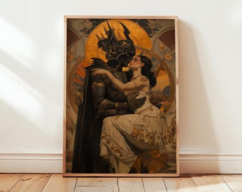 May include: A framed art print showing a dark figure in a cape embracing a woman in a white dress. The artwork has a vintage style with a golden halo and intricate details, creating a romantic and dramatic scene.