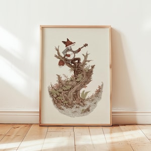 May include: A framed art print featuring a whimsical illustration of a fox playing a banjo while perched in a tree. The fox is depicted with a red hat and tail, set against a backdrop of detailed foliage and a light-colored background. The frame is made of wood.