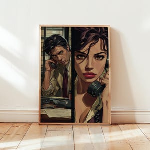May include: A framed art print depicting a man and a woman, each holding a vintage telephone. The man wears a beige suit and red tie; the woman has dark hair and red lipstick. The artwork is in a retro comic book style, with bold lines and colours.