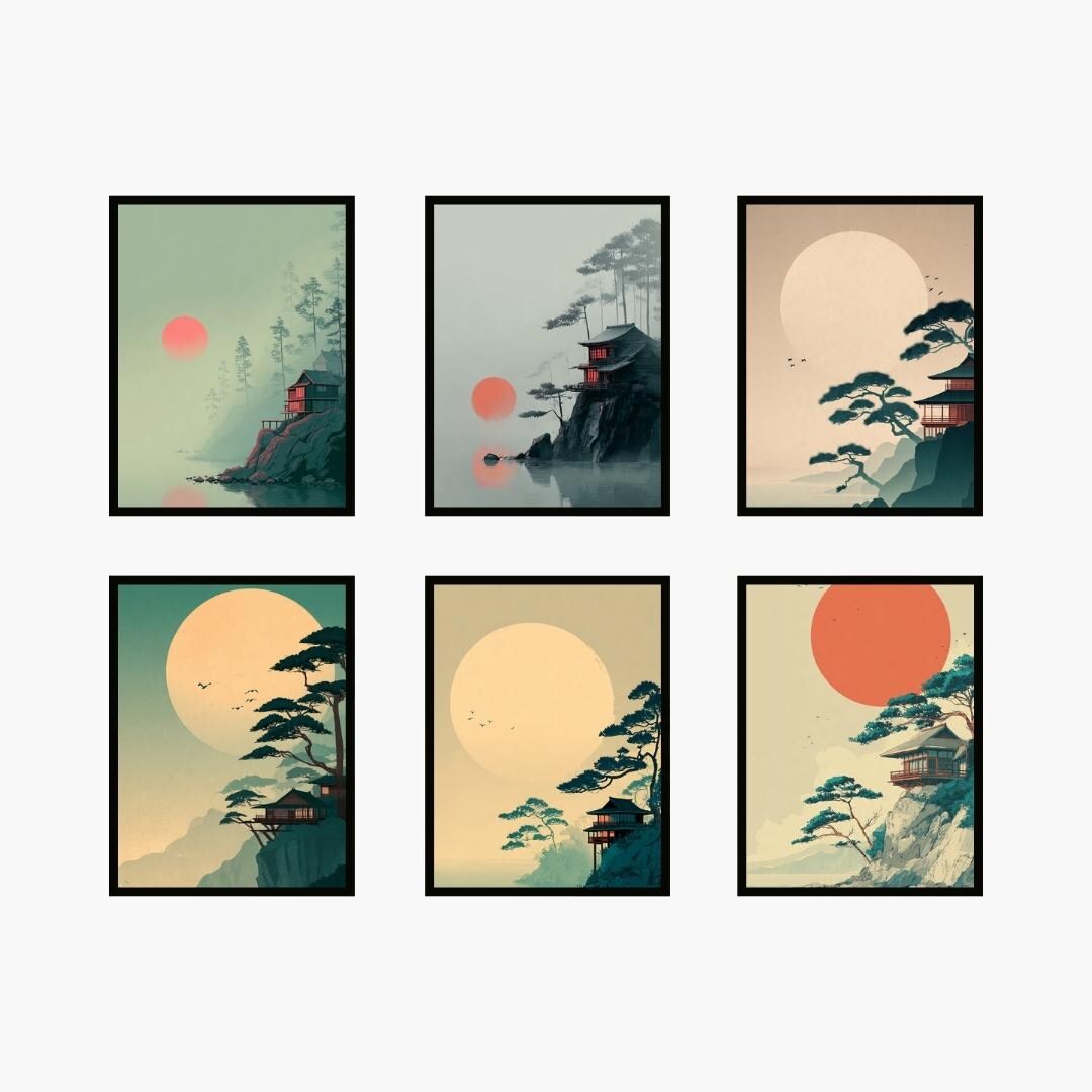 Japanese Minimalist Wall Art Set of 12 | Zen Landscape Printable A4 ...