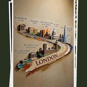 May include: An illustrated timeline of London, depicting key historical periods from 43 AD to the 21st century. The artwork showcases landmarks and includes text labels like "LONDINIUM", "NORMAN", and "VICTORIAN ERA", highlighting architectural styles.