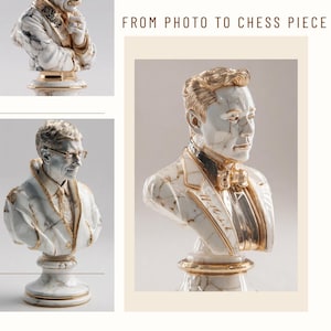 May include: Chess pieces depicting busts of famous individuals, made with a white marble effect and gold detailing. The image includes the text "FROM PHOTO TO CHESS PIECE". The chess pieces are on a white background.