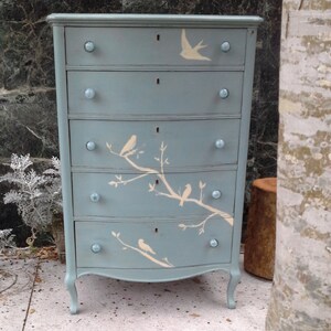 RESERVED for RACHELLE HANSEN Tall Dresser Hand Painted Birds, Accented with Glass Knobs, Shabby Chic, Cottage Inspired