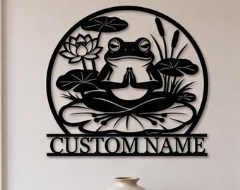Personalized Zen Frog Metal Sign, Meditation Frog Wall Art, Lotus Pond Garden Decor, Custom Name Outdoor Sign