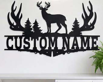 Personalized Deer and Antler Metal Wall Art, Custom Family Name Sign, Rustic Wildlife Cabin Decor Gift