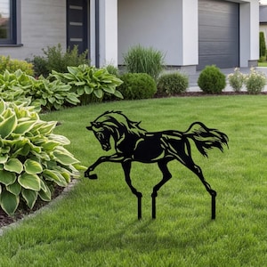 May include: A black metal silhouette of a horse in a prancing pose, featuring a flowing mane and tail. The flat, cutout design is mounted on two thin stakes designed to be inserted into the ground for outdoor display in a garden or lawn area.