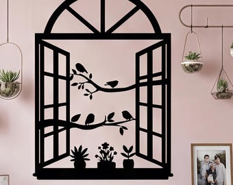 Custom Metal Arched Window Bird Wall Art, Personalized Nature Plant Silhouette Plaque, Rustic Living Room Decor, Gift for Bird Lovers
