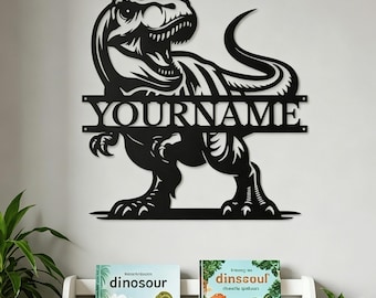Custom Name Dinosaur Metal Sign, T-Rex Animal Wall Art, Personalized Kids Room Nursery Decor, Birthday Gift for Boys