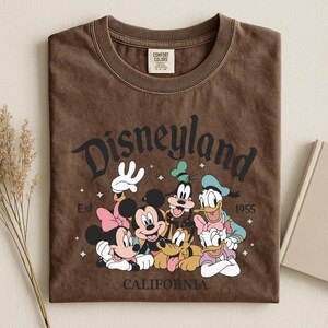 K&ouml;nnte beinhalten: Braunes T-Shirt mit dem Wort "Disneyland" in einer Vintage-Schriftart und einer Grafik von Micky Maus, Minnie Maus, Goofy, Donald Duck, Daisy Duck und Pluto. Das Shirt hat auch den Text "California" und "Est 1955".