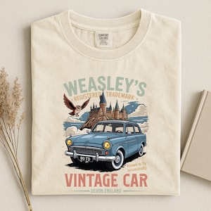 Flying Vintage Wizard Car T-shirt, Weasley Magic Car Shirt, Wizard School Graphic, Book Lover Tee