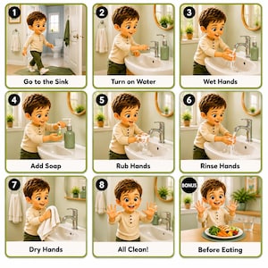 Pode incluir: Um gráfico instrutivo de nove passos com uma criança demonstrando como lavar as mãos. Cada painel mostra uma sequência numerada: Go to the Sink, Turn on Water, Wet Hands, Add Soap, Rub Hands, Rinse Hands, Dry Hands, All Clean!, e Before Eating.