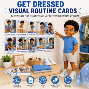 Può includere: Un set di 10 carte di routine visiva stampabili intitolate GET DRESSED VISUAL ROUTINE CARDS, con illustrazioni numerate di un bambino che esegue i passaggi per vestirsi. Include icone per download istantaneo, PDF, età 2-6, e plastifica e riutilizza.