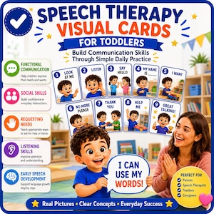 Könnte beinhalten: Ein Set von visuellen Sprachtherapiekarten für Kleinkinder mit neun nummerierten Karten, die ein Kind bei der Kommunikation zeigen. Die Karten enthalten Texte wie Look At Me, Listen, Say Hello, My Name Is, I Want, No More Please, Thank You, Help Me und Great Talking.