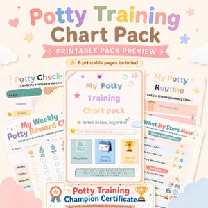 May include: A printable Potty Training Chart Pack with six pages, featuring charts for tracking progress, rewards, and routines. The design includes pastel colors, stars, and the text "Potty Training Chart Pack".