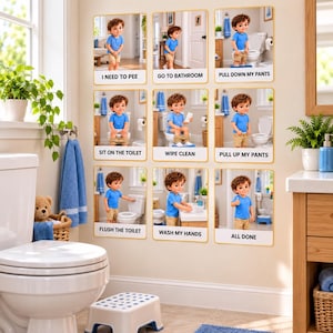 Könnte beinhalten: Ein Set aus neun quadratischen Wandpostern, die ein Kind in blauem T-Shirt und beiger Shorts bei der Toilettenbenutzung zeigen. Jedes Poster enthält Text: I NEED TO PEE, GO TO BATHROOM, PULL DOWN MY PANTS, SIT ON THE TOILET, WIPE CLEAN, PULL UP MY PANTS, FLUSH THE TOILET, WASH MY HANDS und ALL DONE.