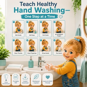 Peut inclure: Un guide visuel intitulé Teach Healthy Hand Washing—One Step at a Time, présentant huit illustrations numérotées d'un enfant montrant les étapes du lavage des mains, incluant mouiller, savonner, frotter et sécher, avec huit cartes imprimables.