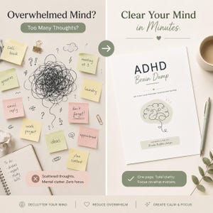 Op de afbeelding: Een afbeelding die mentale helderheid promoot, met een notitieboek getiteld "ADHD Brain Dump" met een hersenillustratie. De linkerkant toont verspreide gedachten op plaknotities. De rechterkant benadrukt de voordelen van het notitieboek.