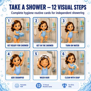Shower Routine Cards for Girls | Printable Visual Schedule | Autism ADHD Hygiene Chart | Instant PDF Download