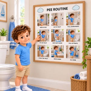 May include: A square wall poster titled PEE ROUTINE featuring nine photographic steps for bathroom use, including images of a child demonstrating actions like sitting on the toilet, wiping, flushing, and washing hands, framed in light wood.