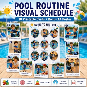 May include: A Pool Routine Visual Schedule featuring 10 printable cards and a bonus A4 poster. The set includes numbered steps with illustrations of a child performing pool activities like applying sunscreen, using a ladder, and drying off.