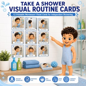 Puede incluir: Un conjunto de 12 tarjetas visuales imprimibles tituladas TAKE A SHOWER VISUAL ROUTINE CARDS, con ilustraciones de un niño realizando pasos de ducha. Incluye una pila de tarjetas, dos toallas azules y dos botellas etiquetadas SHAMPOO y BODY WASH.