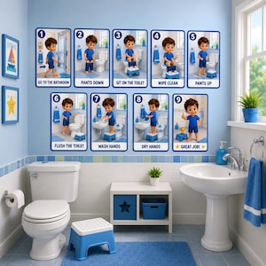 May include: A set of nine rectangular wall posters illustrating a child's bathroom routine, numbered one through nine. Each poster features a cartoon character in a blue shirt and shorts demonstrating steps from going to the bathroom to washing hands.