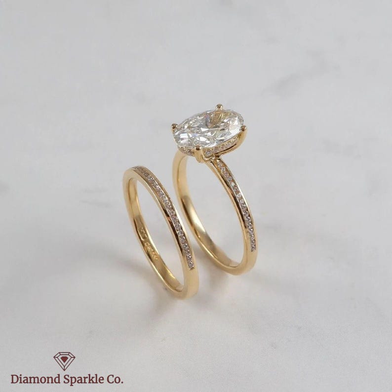 Oval Cut Moissanite Hidden Halo Engagement Ring Set 14K Gold With ...