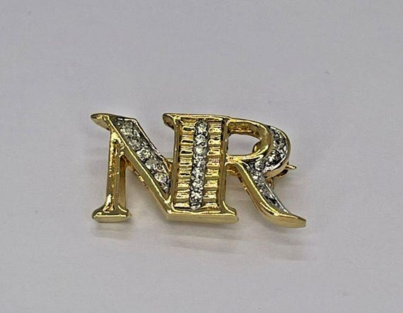 Vintage Nina Ricci Gold Tone NR Brooch Designer Costume Jewelry Elegant style View 3