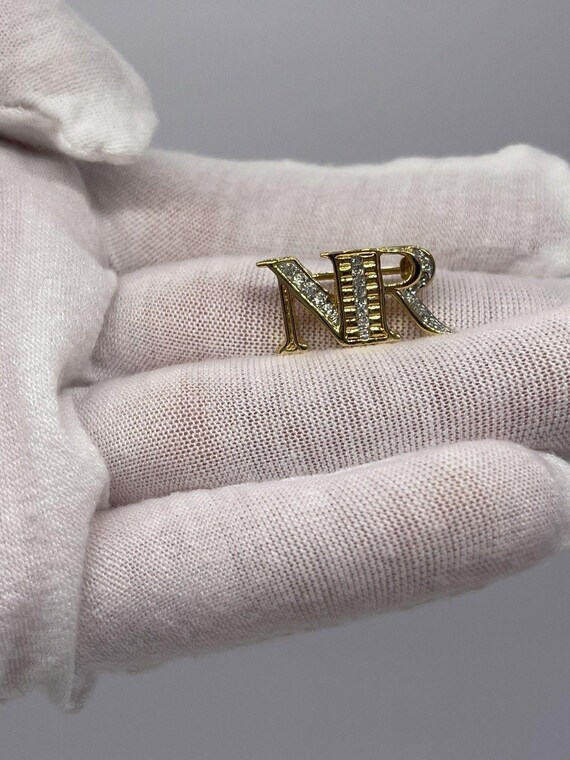 Vintage Nina Ricci Gold Tone NR Brooch Designer Costume Jewelry Elegant style View 6