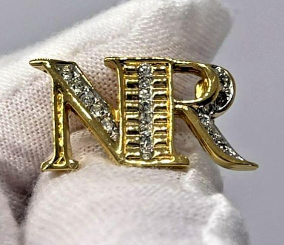 Vintage Nina Ricci Gold Tone NR Brooch Designer Costume Jewelry Elegant style