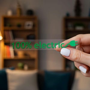 Op de afbeelding: Een transparante sticker met de groene tekst "100% electric", vergezeld van een groen stekkersymbool. De sticker wordt omhoog gehouden tegen een vage achtergrond van een woonkamer.