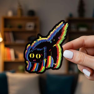 Peut inclure: Un autocollant de chat noir avec un design glitch art. Le chat a des yeux jaunes et est souligné d'un arc-en-ciel de couleurs. L'autocollant est tenu par une main avec du vernis à ongles blanc.