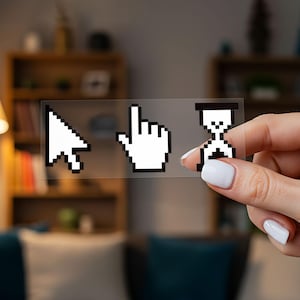 May include: A clear rectangular sticker featuring three distinct white pixelated computer icons with black outlines: a standard arrow pointer, a pointing hand cursor, and an hourglass loading symbol, arranged horizontally on a transparent backing.