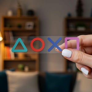 Puede incluir: Una pegatina transparente con los s&iacute;mbolos del mando de PlayStation: un tri&aacute;ngulo turquesa, un c&iacute;rculo rojo, una X azul y un cuadrado lila. Los s&iacute;mbolos est&aacute;n dispuestos horizontalmente.