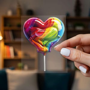 May include: A heart-shaped lollipop with a rainbow swirl design. The candy is held on a white stick and is displayed on a clear, rectangular backing. The colors include red, orange, yellow, green, blue, and purple.
