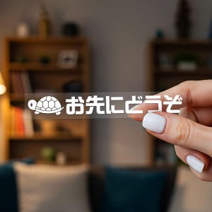 May include: A clear sticker with white text and a turtle graphic. The Japanese text reads "Osaki ni dozo". The sticker is rectangular and held by a person.