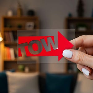 Könnte beinhalten: Ein klarer, rechteckiger Aufkleber mit dem Wort "TOW" in roter Schrift und einem roten Pfeil, der nach rechts zeigt. Der Aufkleber wird vor einem verschwommenen Hintergrund gehalten.