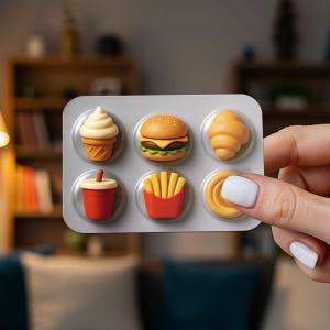 May include: A blister pack containing miniature food items: an ice cream cone, burger, croissant, soda, fries, and a pastry. The food items are in a gray plastic tray, held by a person. The background is a blurred living room.