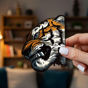 Könnte beinhalten: Ein gestanzter Aufkleber mit einer stilisierten Illustration eines Tigerkopfes im Profil, der orangefarbene, schwarze und weiße Fellmuster mit einem knurrenden Ausdruck, sichtbaren Zähnen und scharfen, dunklen Konturen auf weißem Grund zeigt.