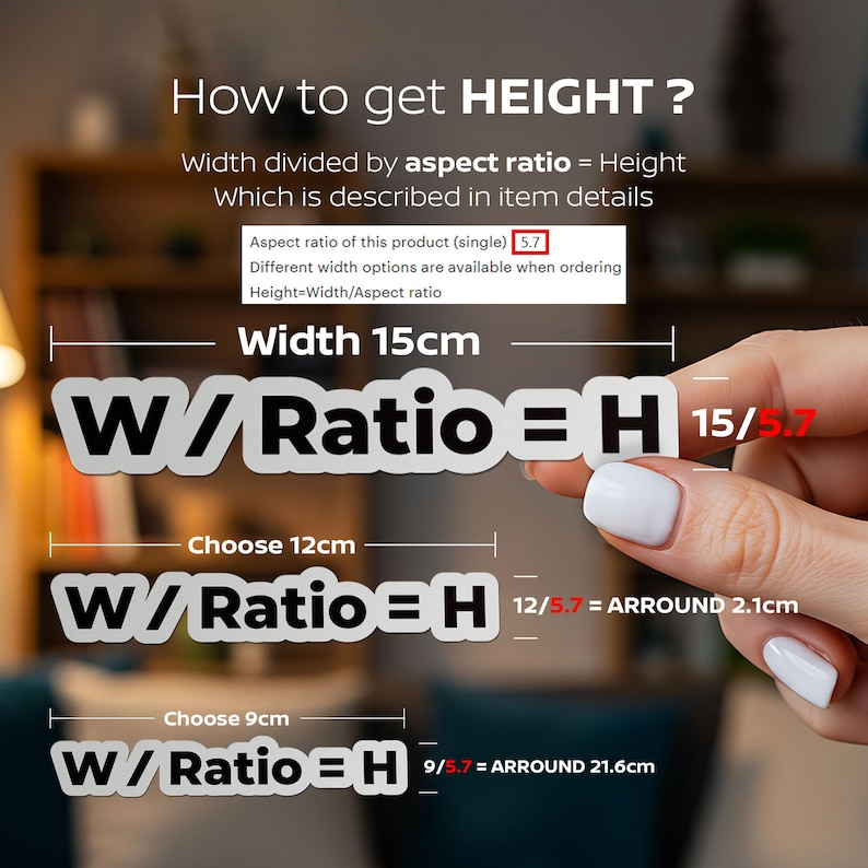Puede incluir: Diagrama que muestra c&oacute;mo calcular la altura de un producto utilizando el ancho y la relaci&oacute;n de aspecto. El texto incluye "Ancho 15cm", "Elige 12cm" y "Elige 9cm". La relaci&oacute;n de aspecto es 5,7.