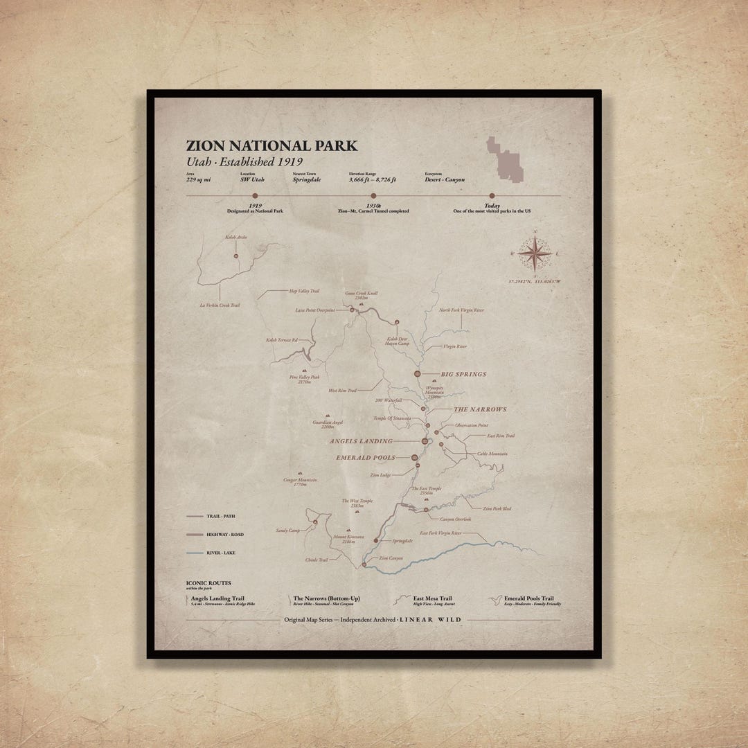 Minimalist National Park Map Print | Zion Line Art Poster | Modern ...