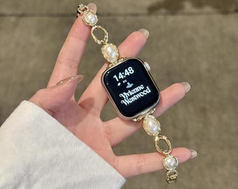 Elegant Pearl Apple Watch Band, Vintage Silver Gold iWatch Strap, Luxury Charm Bracelet for Apple Watch Series 10 9 8 7 6 5 SE, Gift for Her